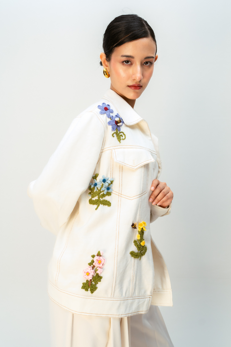 GOLDEN FABLE JACKET handwoven denim jacket/overlay by Ode to Odd in off white for women in Singapore