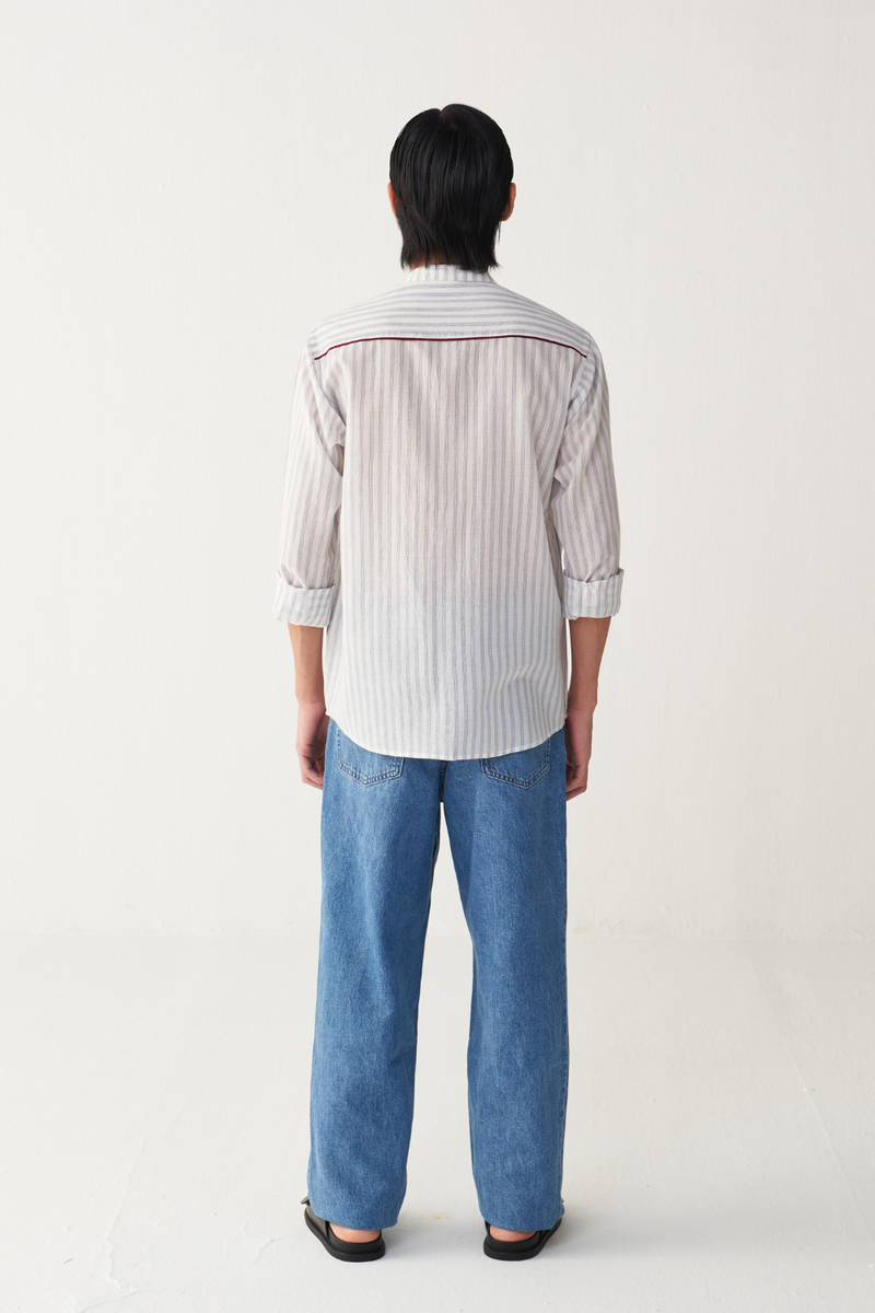 BAND COLLAR SHIRT cotton by THREE Men in blue color for men in Singapore