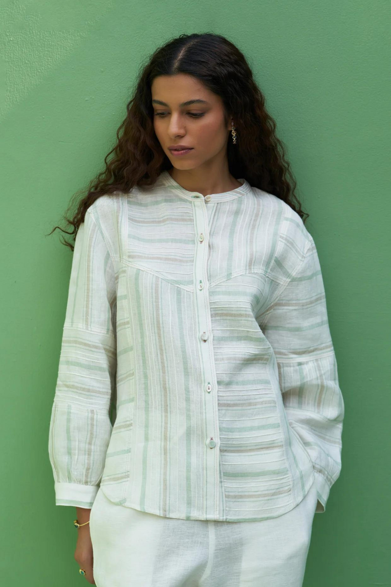 Miyu Pintucked Linen Shirt
- Mint linen by Manan in mint color for women in Singapore