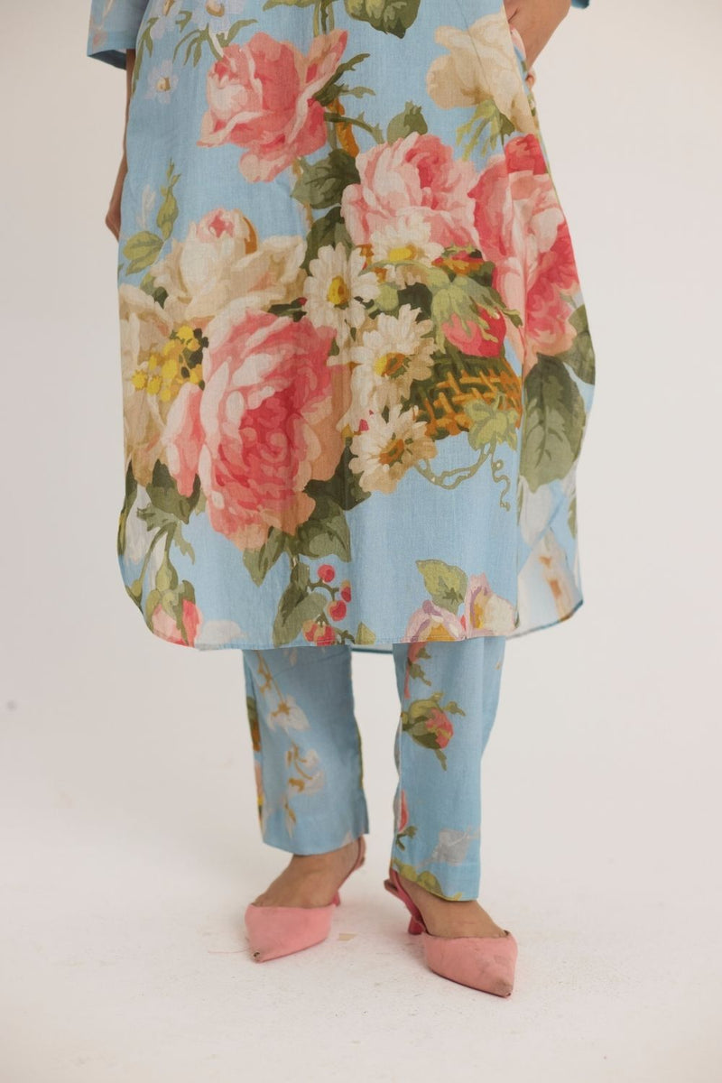 TAFFY LONG COTTON KURTA SET cotton by Yam in blue color for women in Singapore
