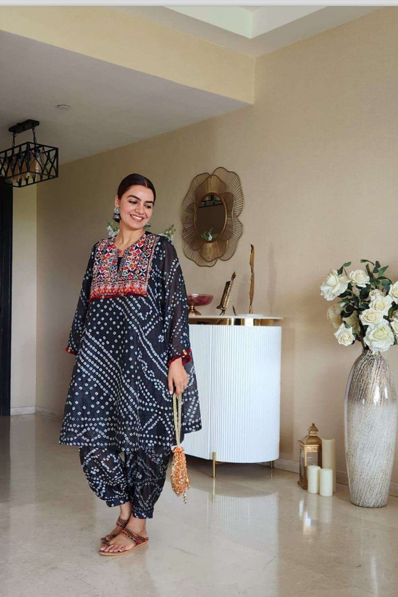 AFGHANI BANDHANI SET - Black silk by Aavidi in yellow color for women in Singapore