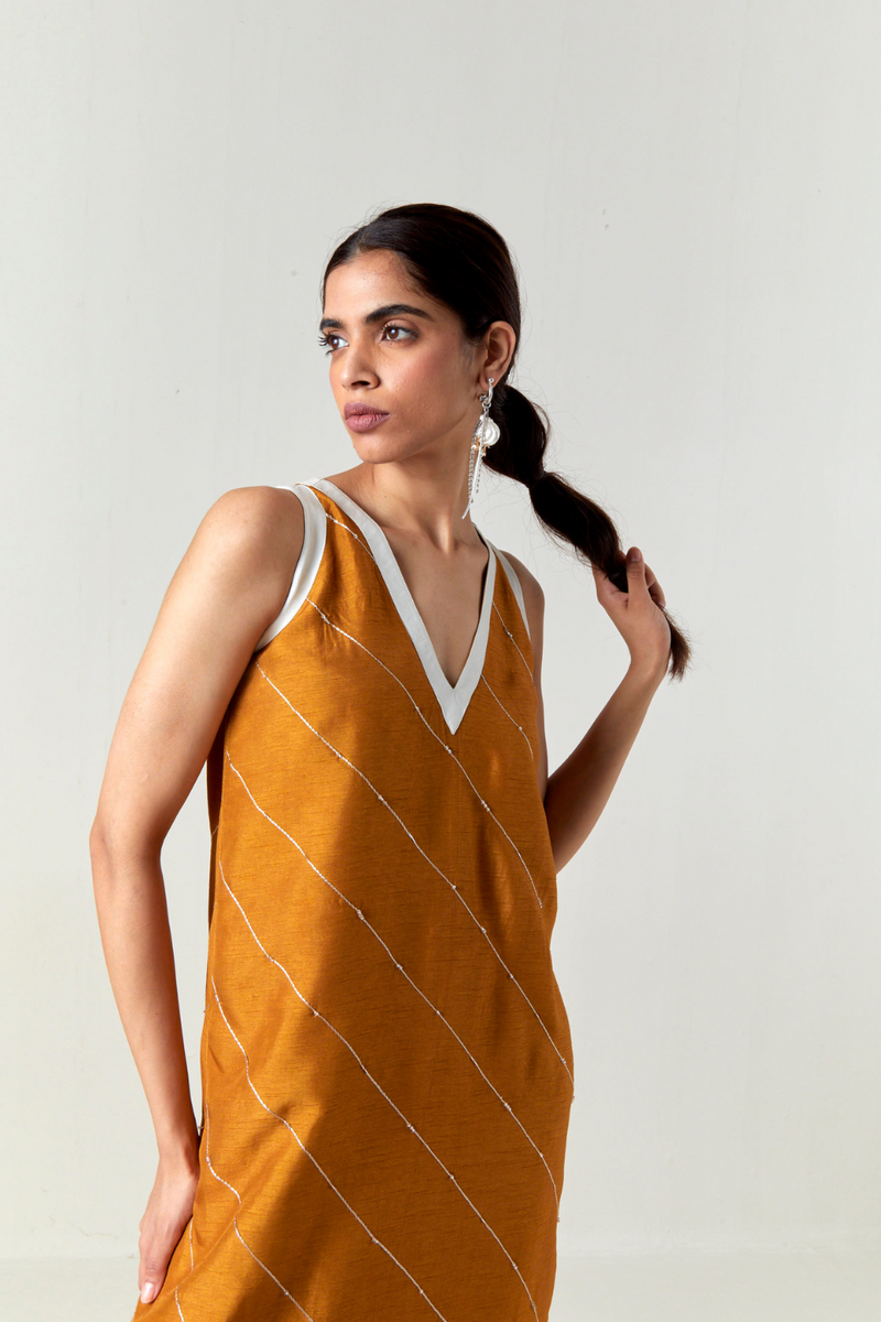 V-NECK EMBELLISHMENT DETAIL DRESS-OCHRE silk by THREE for women in Singapore