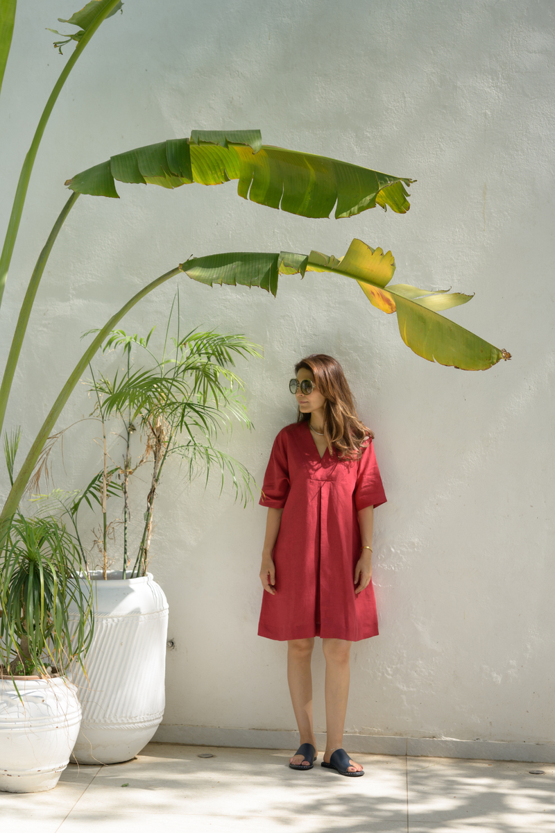 Sundown Palm Dress linen dress by Zanzibar Living in crimson red for women in Singapore