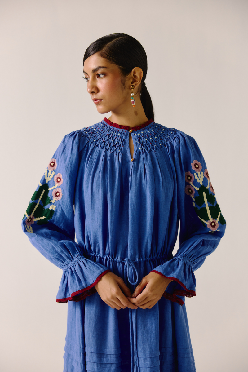 Edith Dress - Electric Blue Pixel Applique linen by CORD in blue for women in Singapore