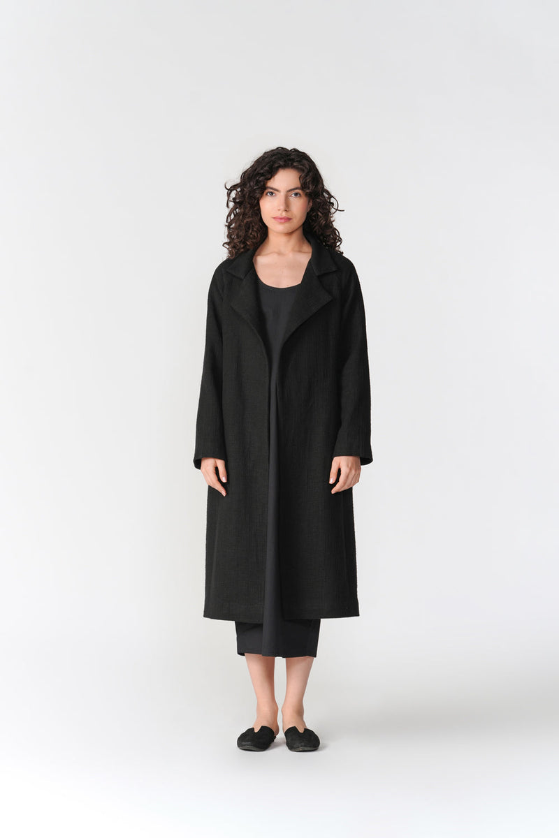 Chenille Long Overcoat jacket/overlay by Turn Black in black for women in Singapore