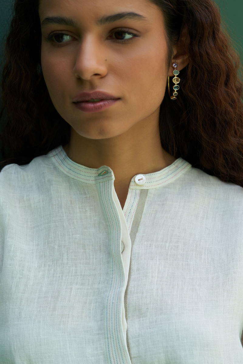 Yoshi Border Linen Top
- Ivory linen by Manan in ivory color for women in Singapore