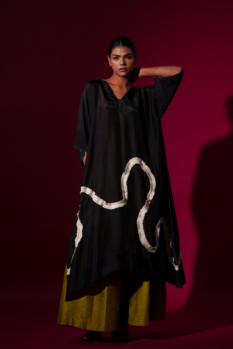 Flamingo Tunic-Black + Natural upada silk kaftans and tunics by Stoique in black, natural for women in Singapore