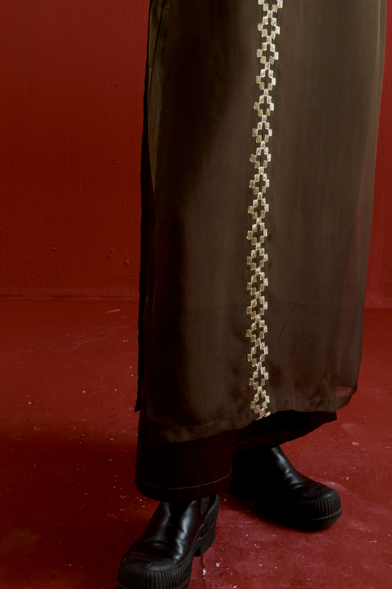 GOTA PATTI DETAIL DOUBLE LAYER DRESS-DARK OLIVE satin by THREE in olive color for women in Singapore