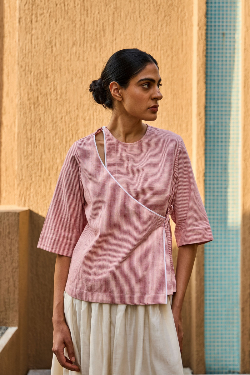 Cinta Handwoven Red Striped Tie Top cotton by The Summer House in red color for women in Singapore