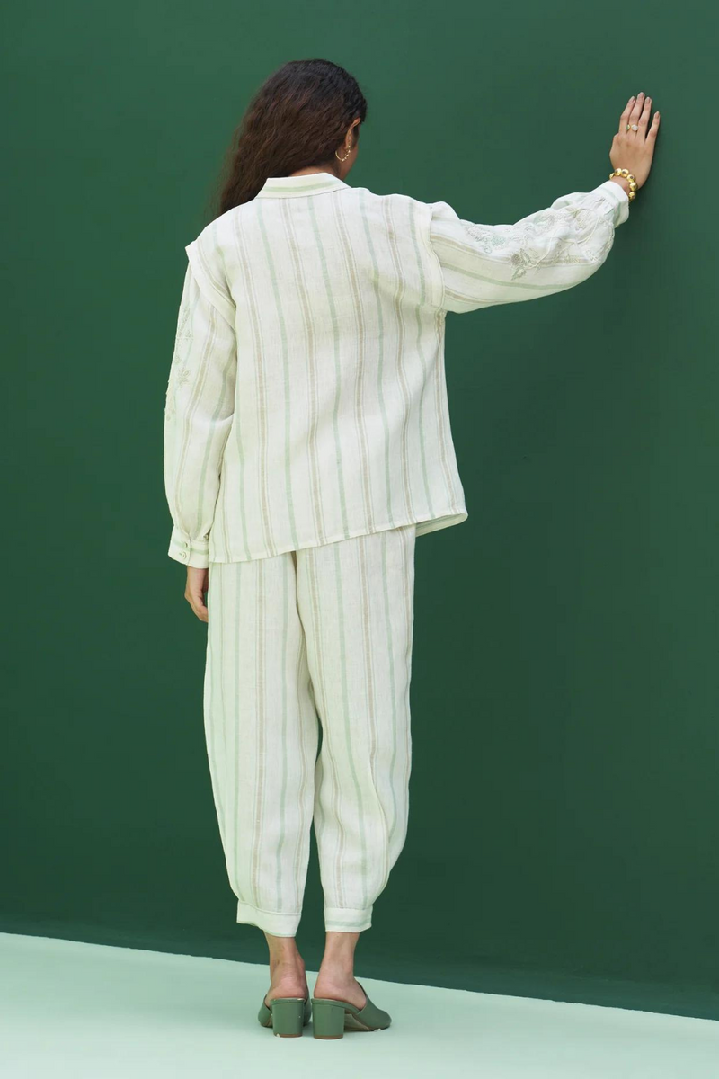 Akra Striped Linen Shirt
- Mint linen by Manan in mint color for women in Singapore