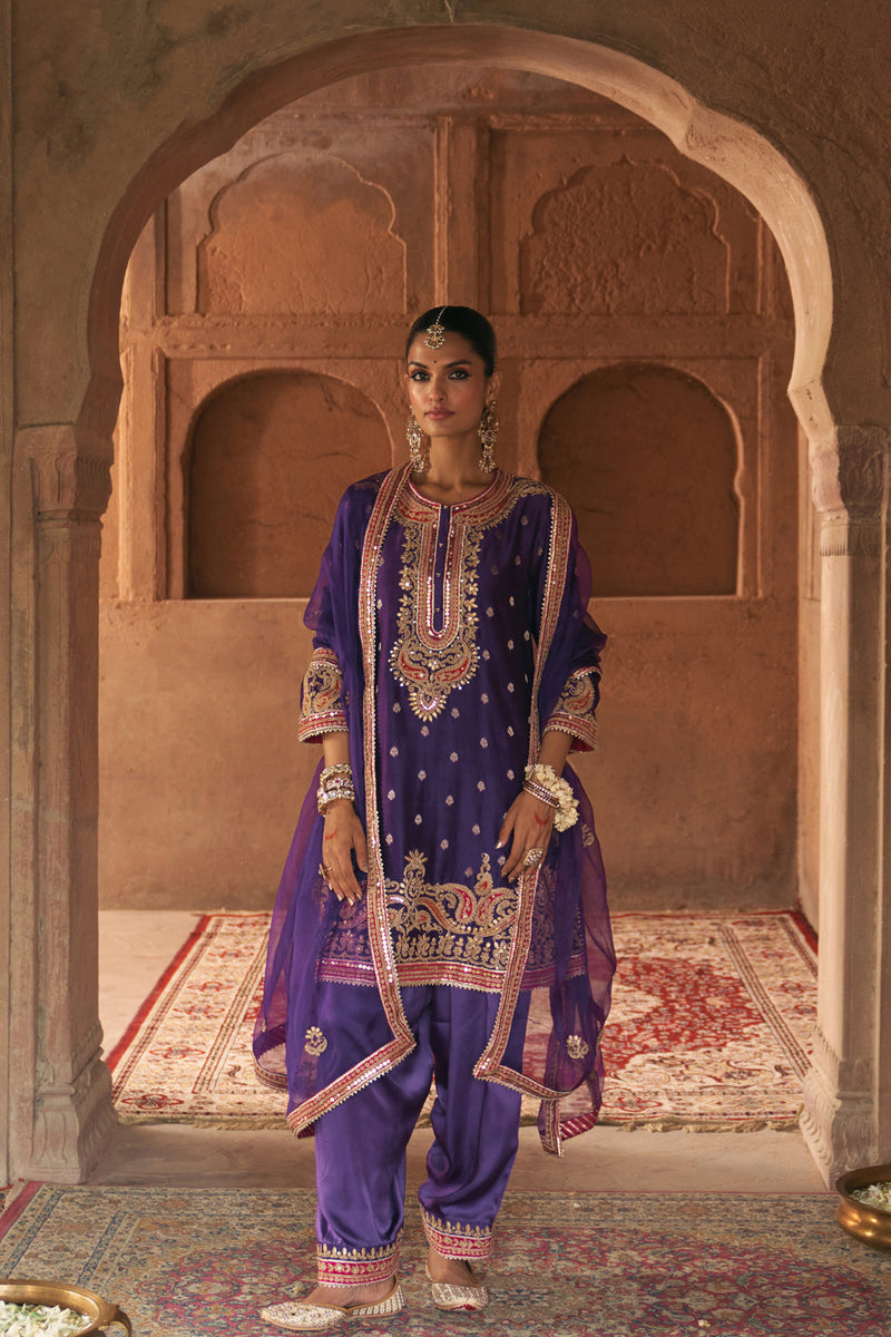FARHANA - DEEP PURPLE SHORT KURTA WITH SALWAR AND DUPATTA chanderi silk kurta/kurta set by SHEETAL BATRA in purple for women in Singapore