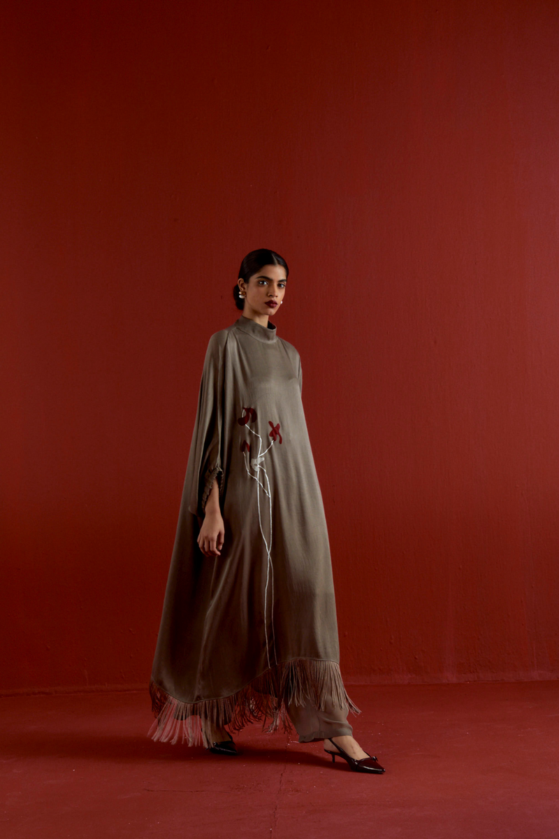 FLORAL FRINGE KAFTAN CO-ORD-CEDAR satin by THREE for women in Singapore