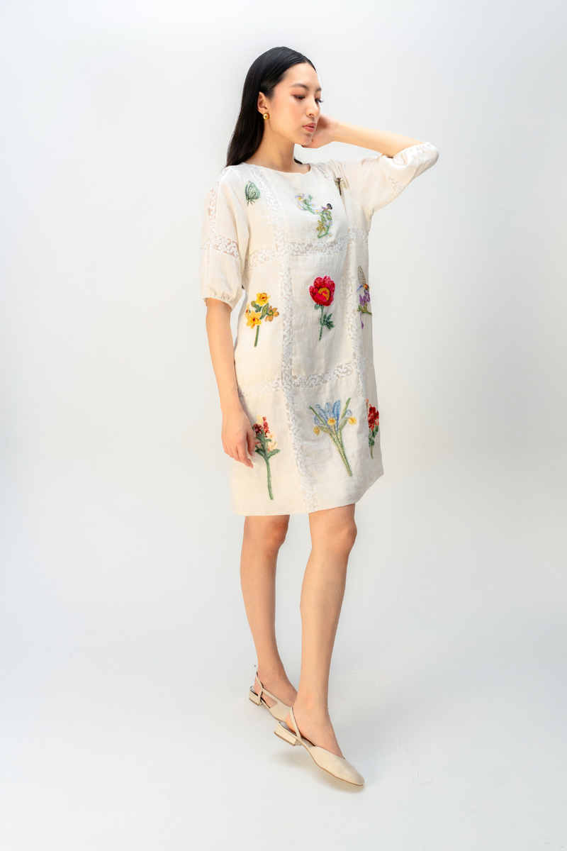 WISPERING GARDEN DRESS linen dress by Ode to Odd in off white for women in Singapore