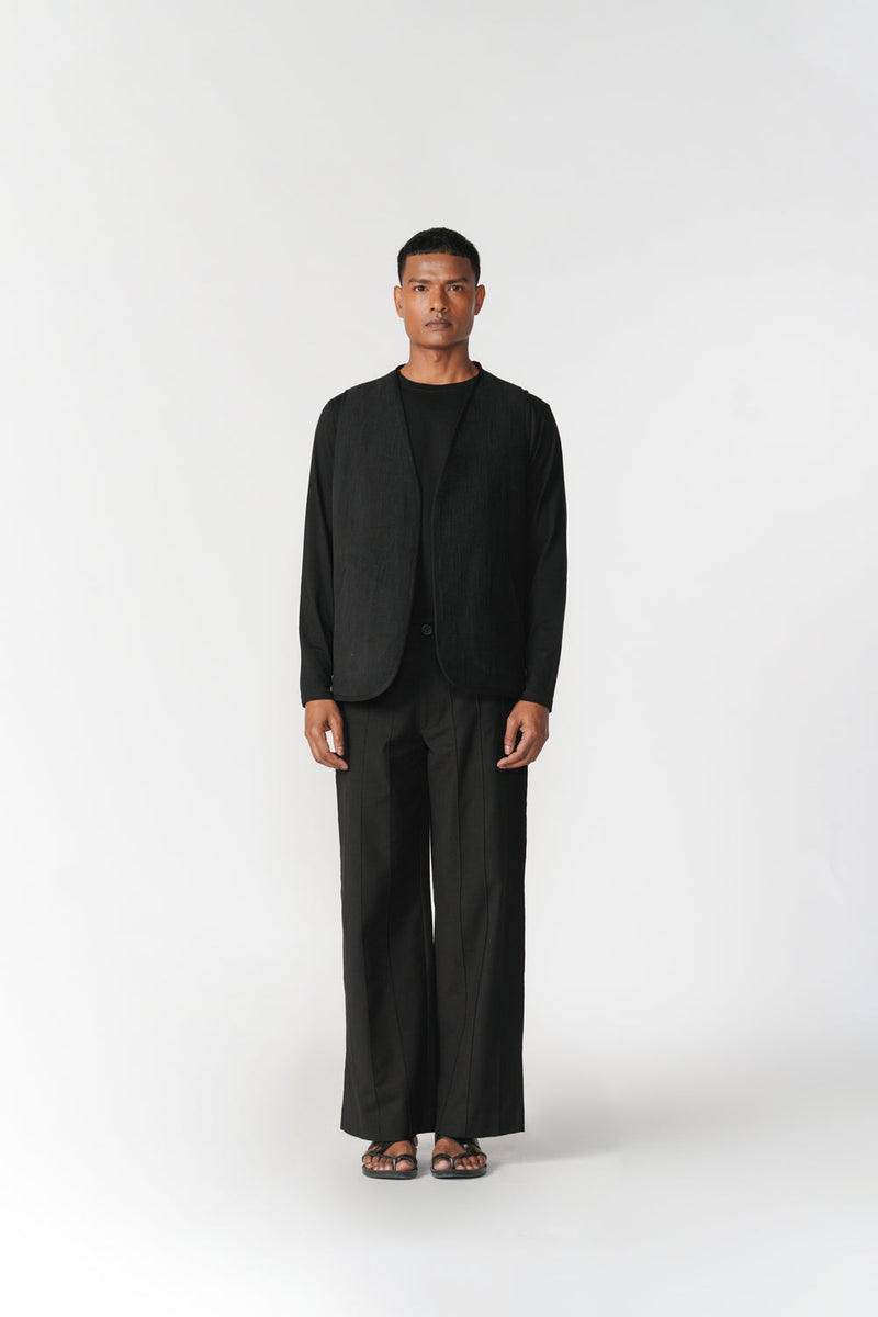 Reversible Linen-Chenille Vest jacket/overlay by Turn Black in black for men in Singapore