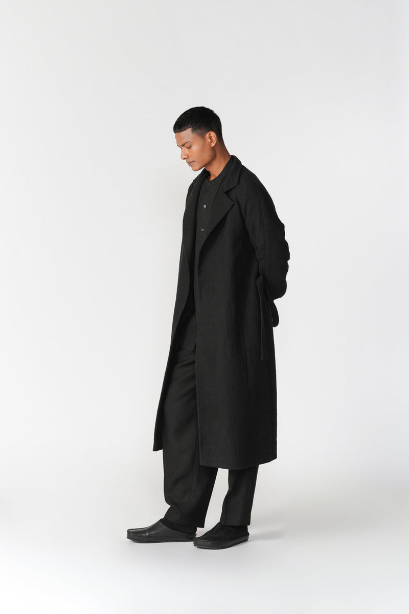 Chenille Notch Lapel Long Overcoat jacket/overlay by Turn Black in black for men in Singapore