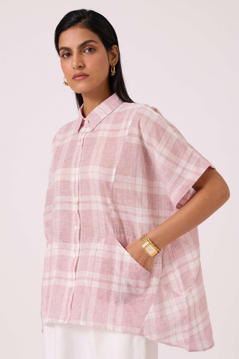 Sibyl Checkered Handwoven Shirt cotton by The Summer House in red color for women in Singapore