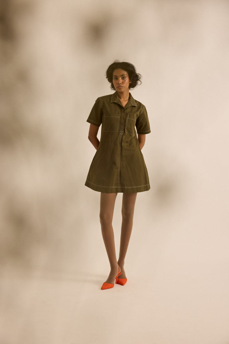 Chive Dress twill dress by Khara Kapas in olive for women in Singapore