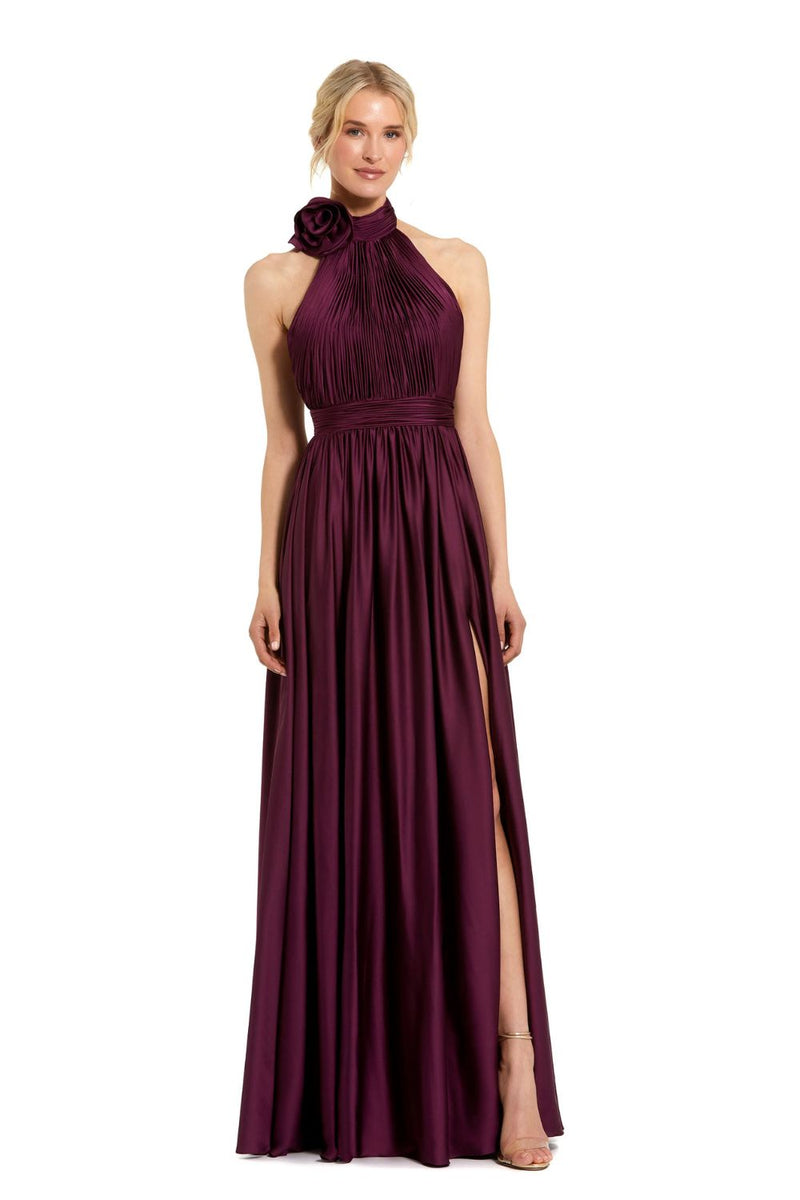 49333-Soft Tie Halter Neck High Slit Gown satin by Mac Duggal in red color for women in Singapore