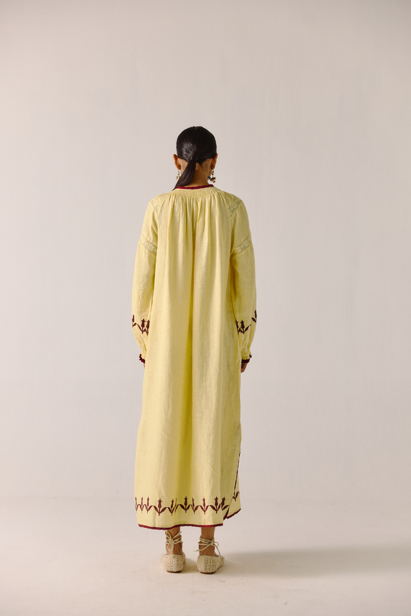 Chloe Dress - Butter Yellow Bird Applique linen by CORD in yellow for women in Singapore