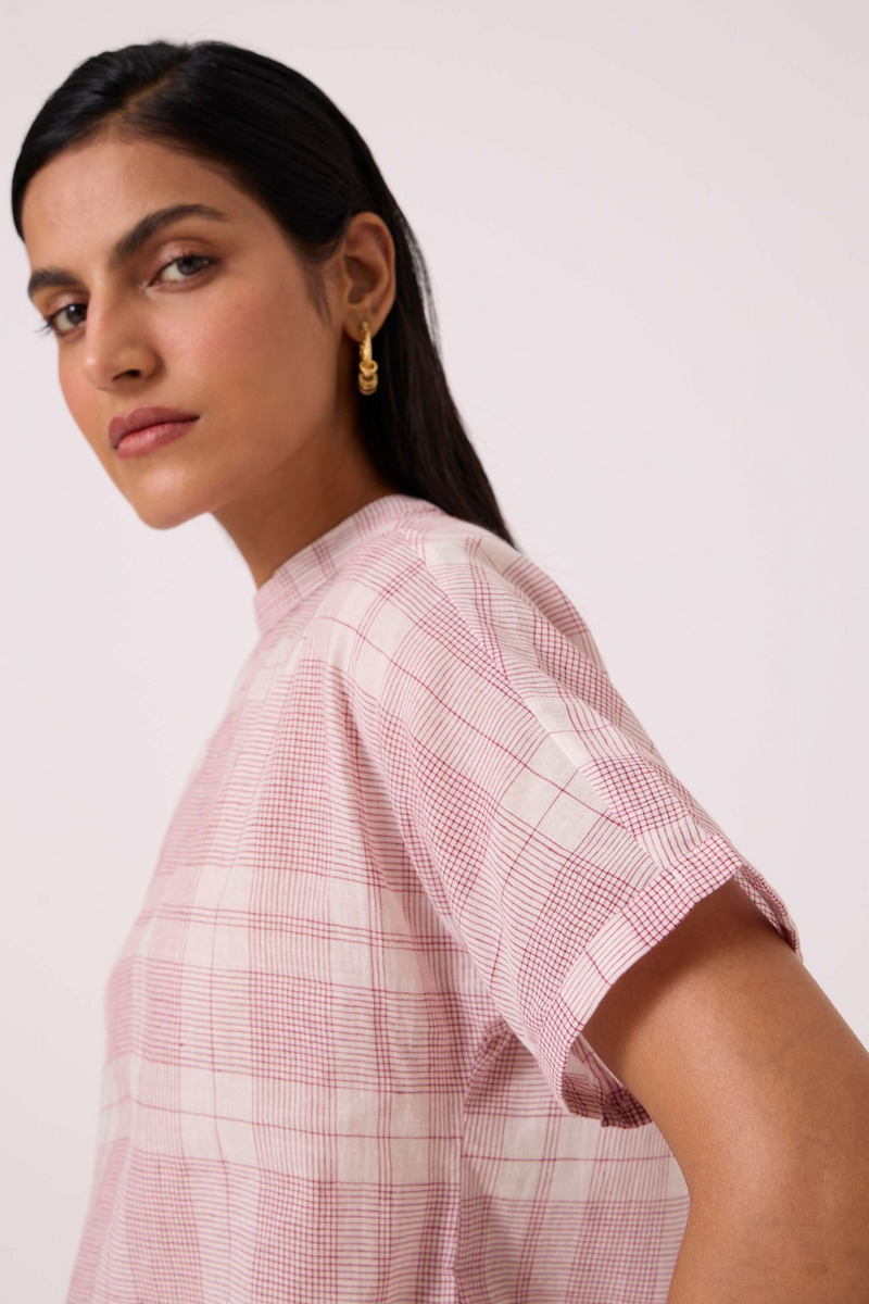 Ursula Checkered Handwoven Top cotton by The Summer House in red color for women in Singapore