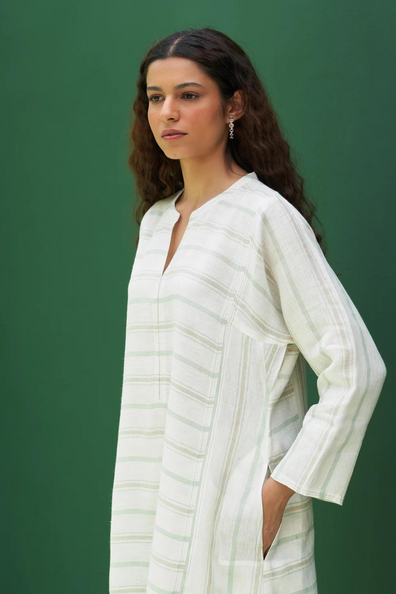Ezra Striped Linen Kurta - Mint linen by Manan in mint color for women in Singapore