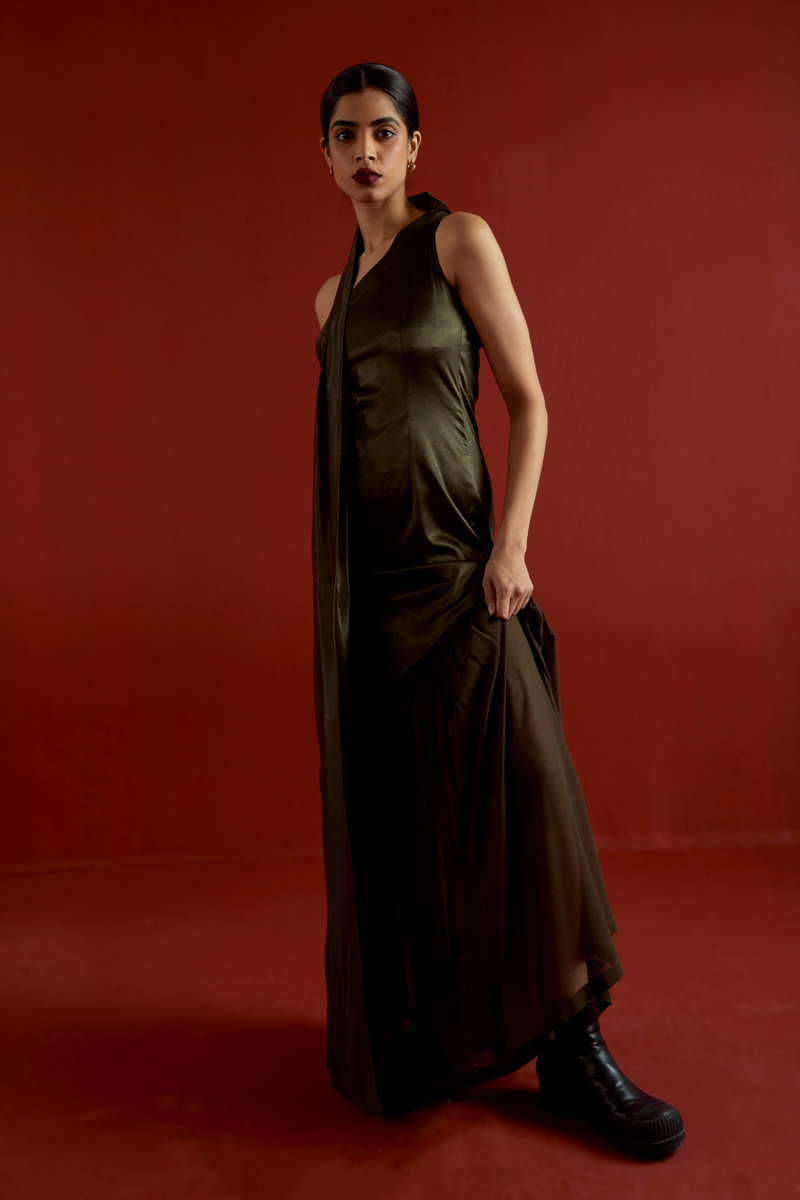 ONE SHOULDER DRESS-DARK OLIVE satin by THREE in olive color for women in Singapore