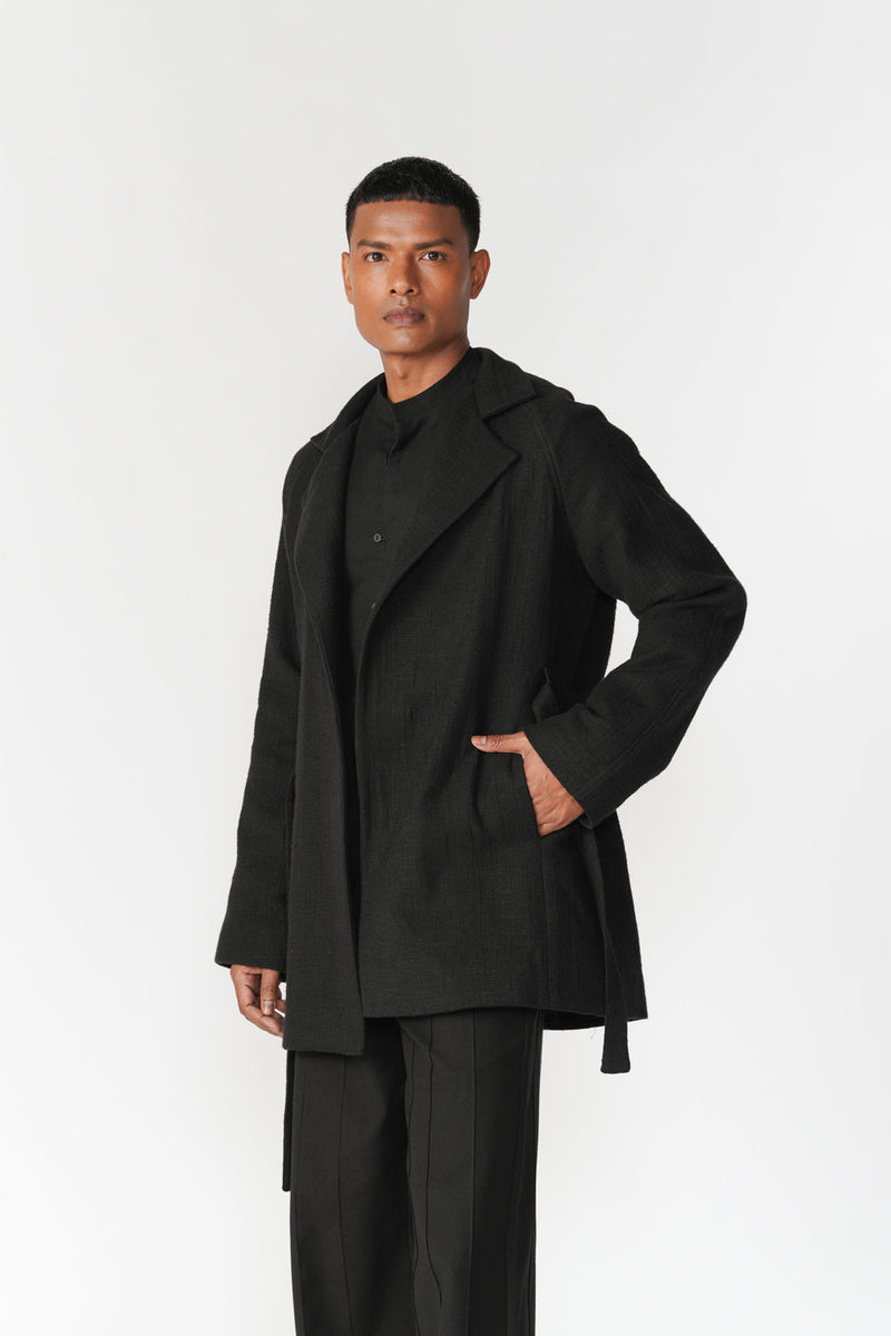 Chenille Notch Lapel Short Overcoat jacket/overlay by Turn Black in black for men in Singapore