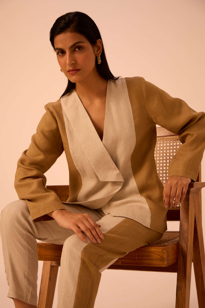 Dimtri Linen Panelled Jacket linen by The Summer House in beige color for women in Singapore