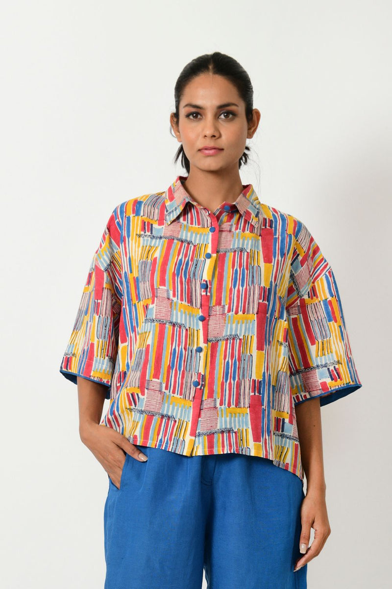 SCRIBBLE HAND BLOCK LINEN CROP SHIRT