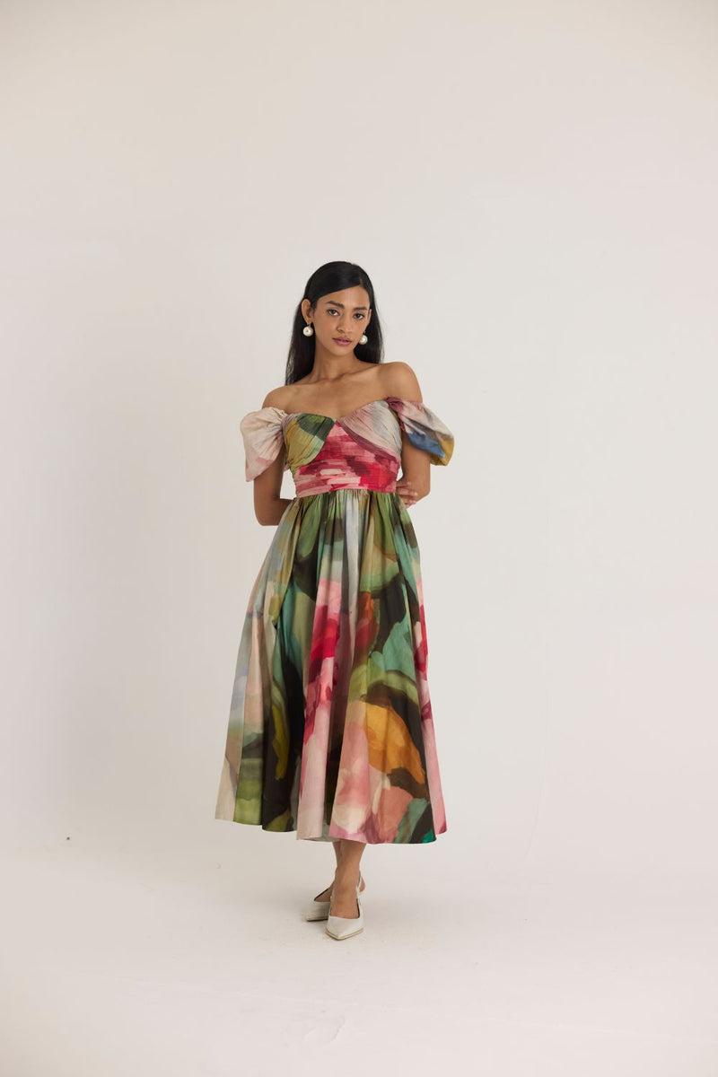 TILLY PUFF SLEEVE DRESS satin by Yam in multi color for women in Singapore