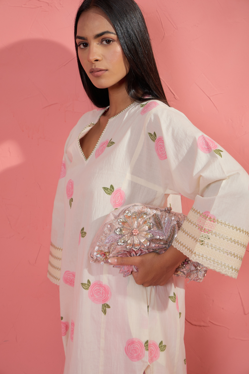 Gul Rose Set 3 cotton cambric light kurta set by AAVIDI in off white for women in Singapore