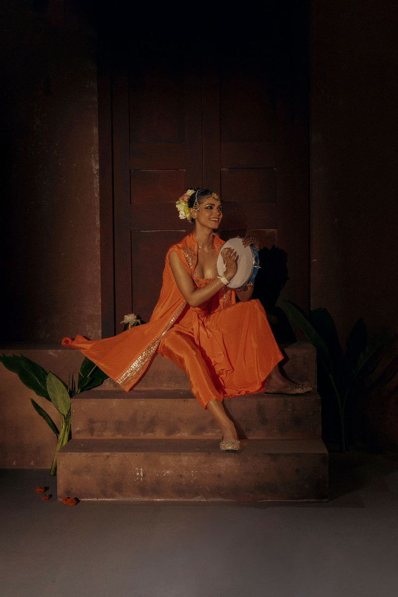 Mangala Blouse Skirt & Cape Set- Orange