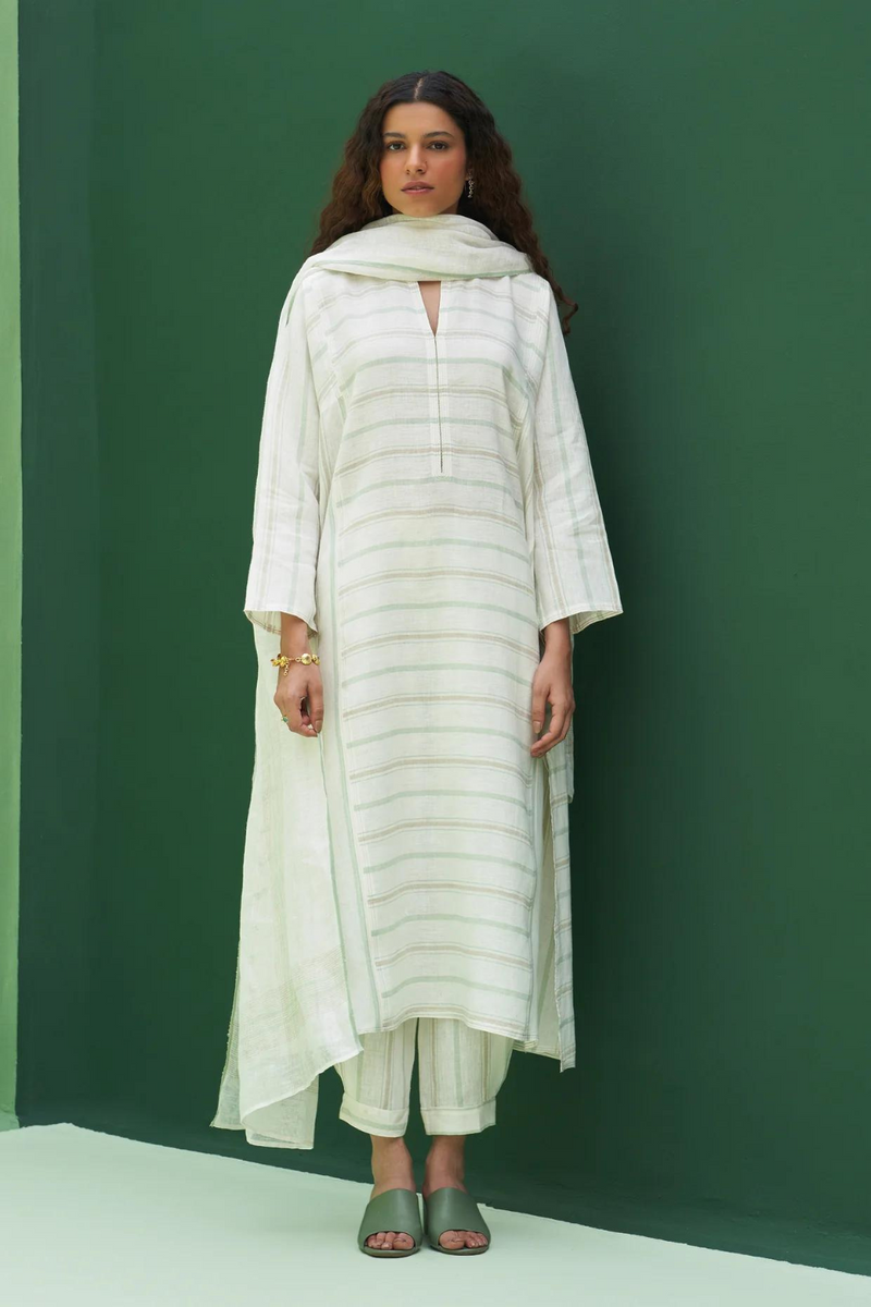 Ezra Striped Linen Kurta Set - Mint linen by Manan in mint color for women in Singapore