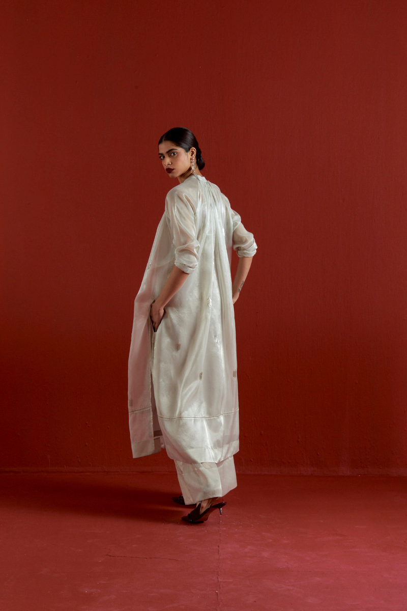 EMB. GATHER NECK SHIRT CO-ORD-METALLIC GREY tissue by THREE in grey color for women in Singapore