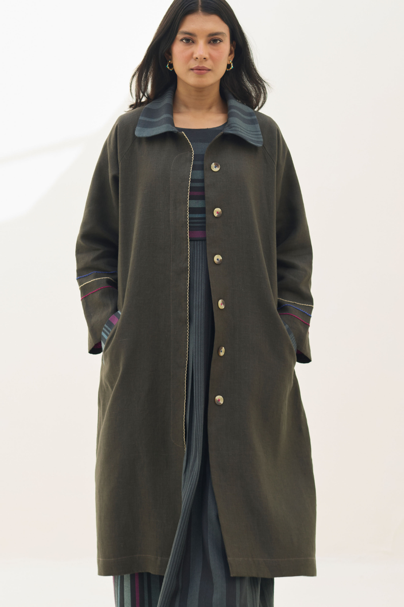 Juniper Linen Coat - Olive Charcoal all linen by Manan in charcoal color for women in Singapore