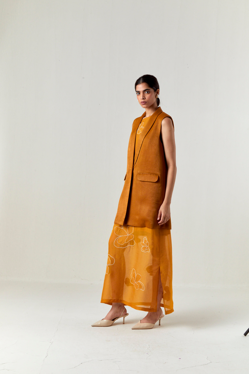 COLLARED WAIST COAT CO-ORD-OCHRE satin by THREE for women in Singapore