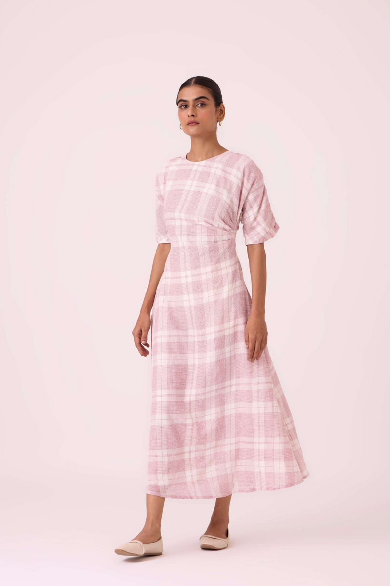 Pine Checkered Handwoven Dress cotton by The Summer House in white color for women in Singapore