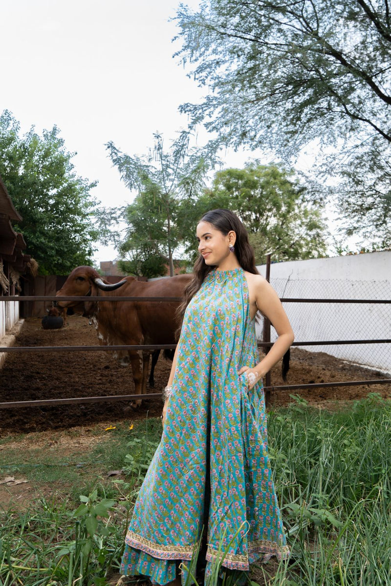 Saundh Sea Green and Pink Cotton hand block printed floral ghera dress cotton Buy Saundh Sea Green and Pink Cotton hand block printed floral ghera dress from C&W | Indo-Western for Women by Maison Shefali in multi color for women in Singapore