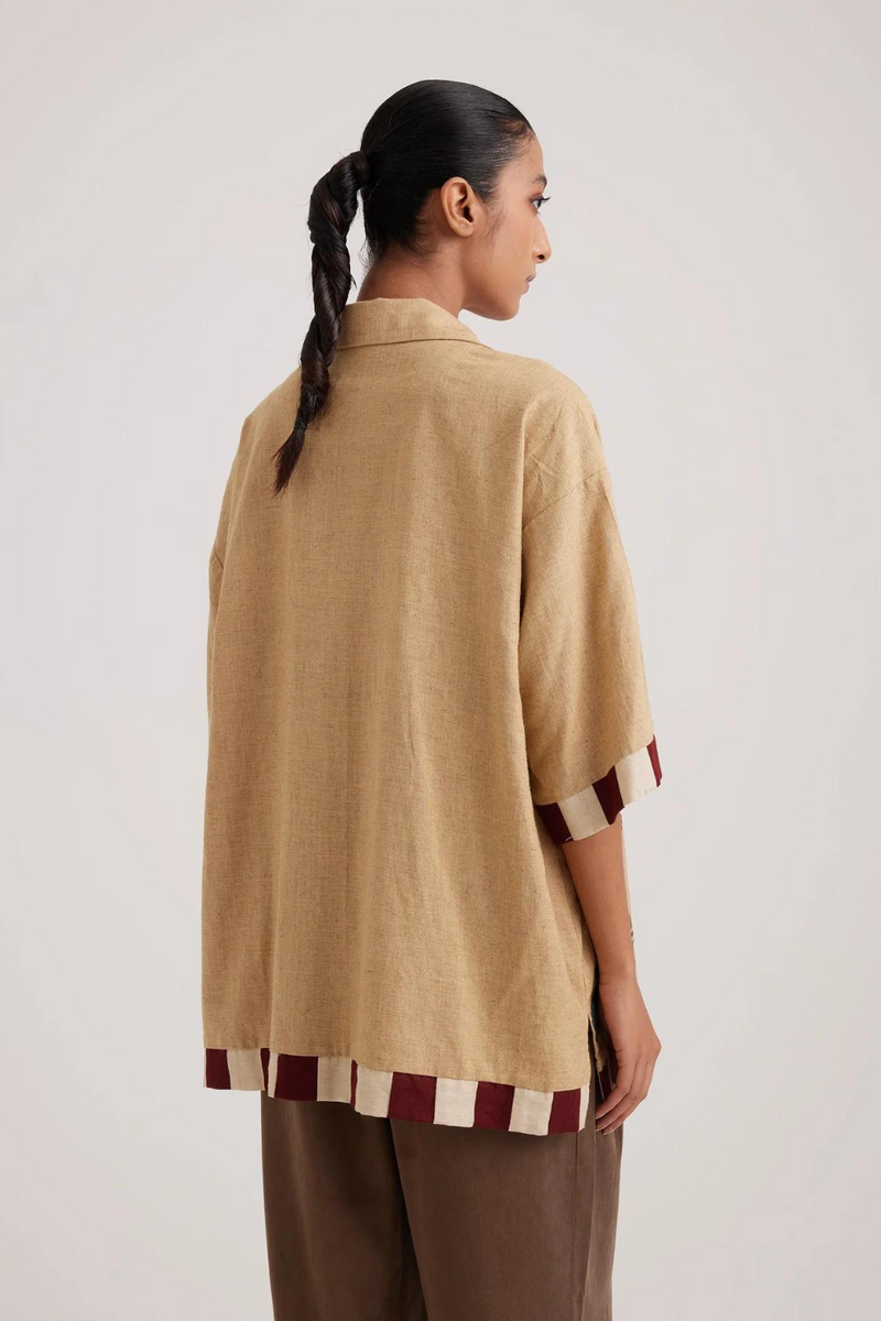 Unisex Oversized Shirt-Folk Applique-Beige linen by CORD for women in Singapore