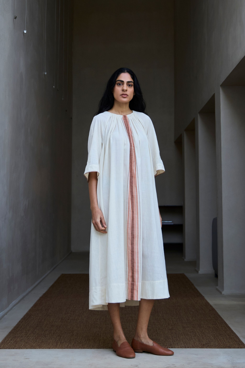 Bulan Handwoven Striped Midi Dress cotton by The Summer House in white color for women in Singapore