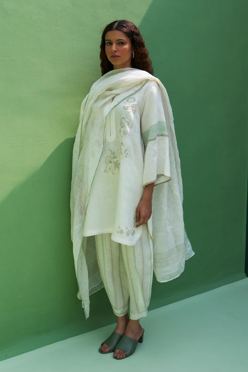 Insha Hand-Embroidered Kurta Set
- Ivory linen by Manan in ivory color for women in Singapore