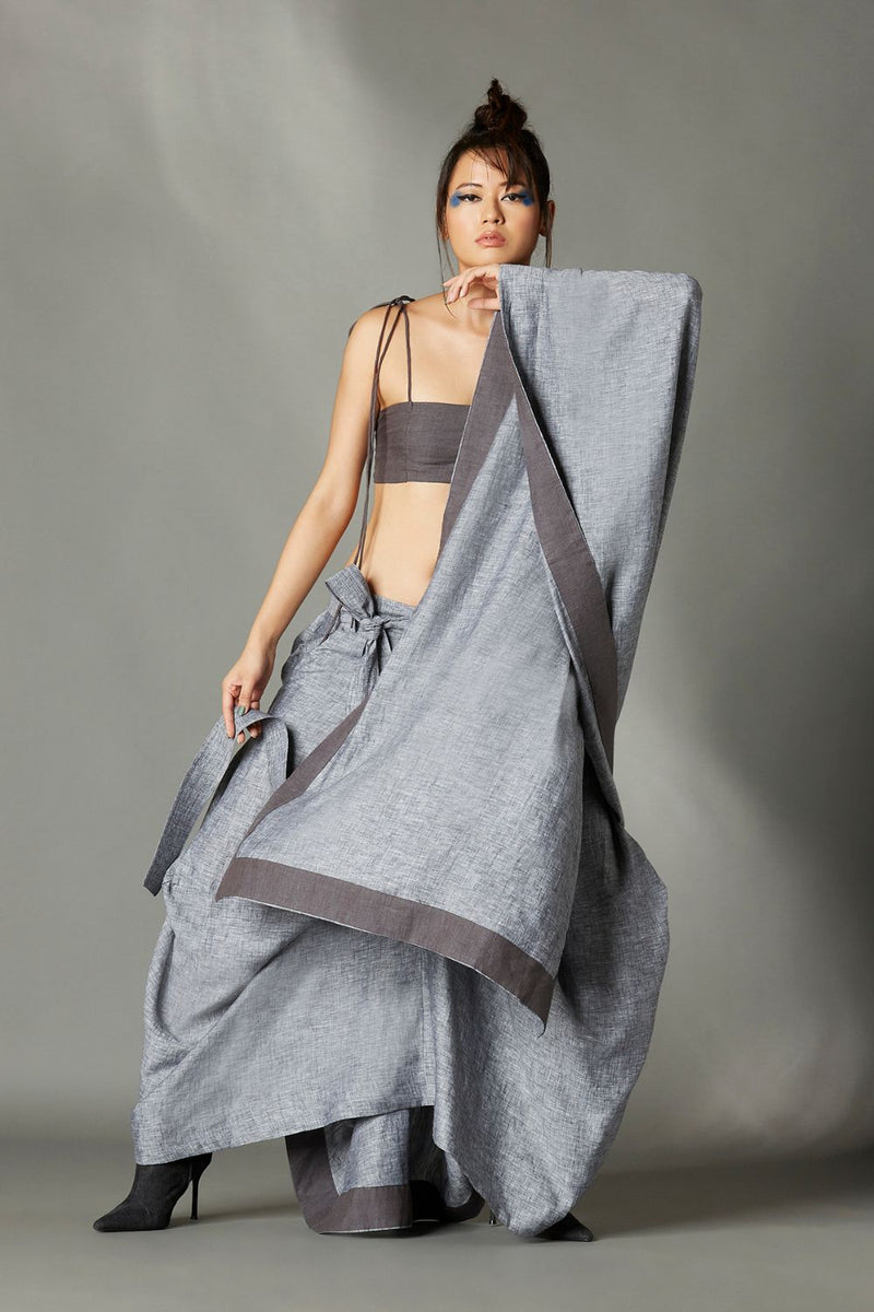 Blaise Sari Skirt in Grey linen by Chola in grey color for women in Singapore