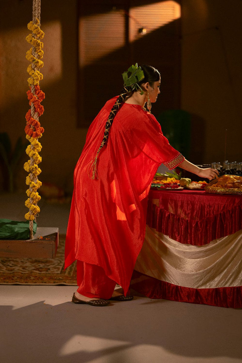 Ramani Nexa Red Hi Low Top & Wrap Skirt Set- Red