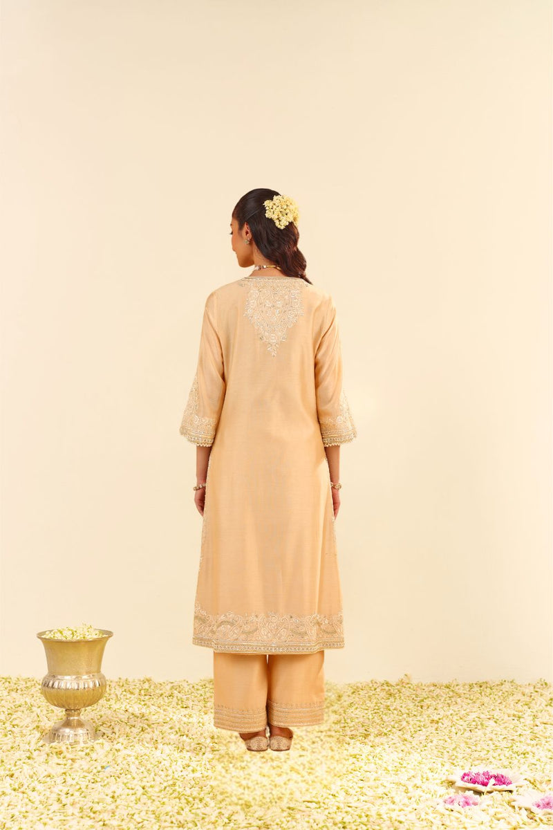 Sereen - A-Line Kurta With Palazzo And Dupatta-Beige silk by SHEETAL BATRA in beige color for women in Singapore