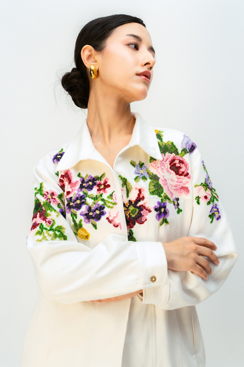 TINTS OF YOU JACKET handwoven denim jacket/overlay by Ode to Odd in off white for women in Singapore