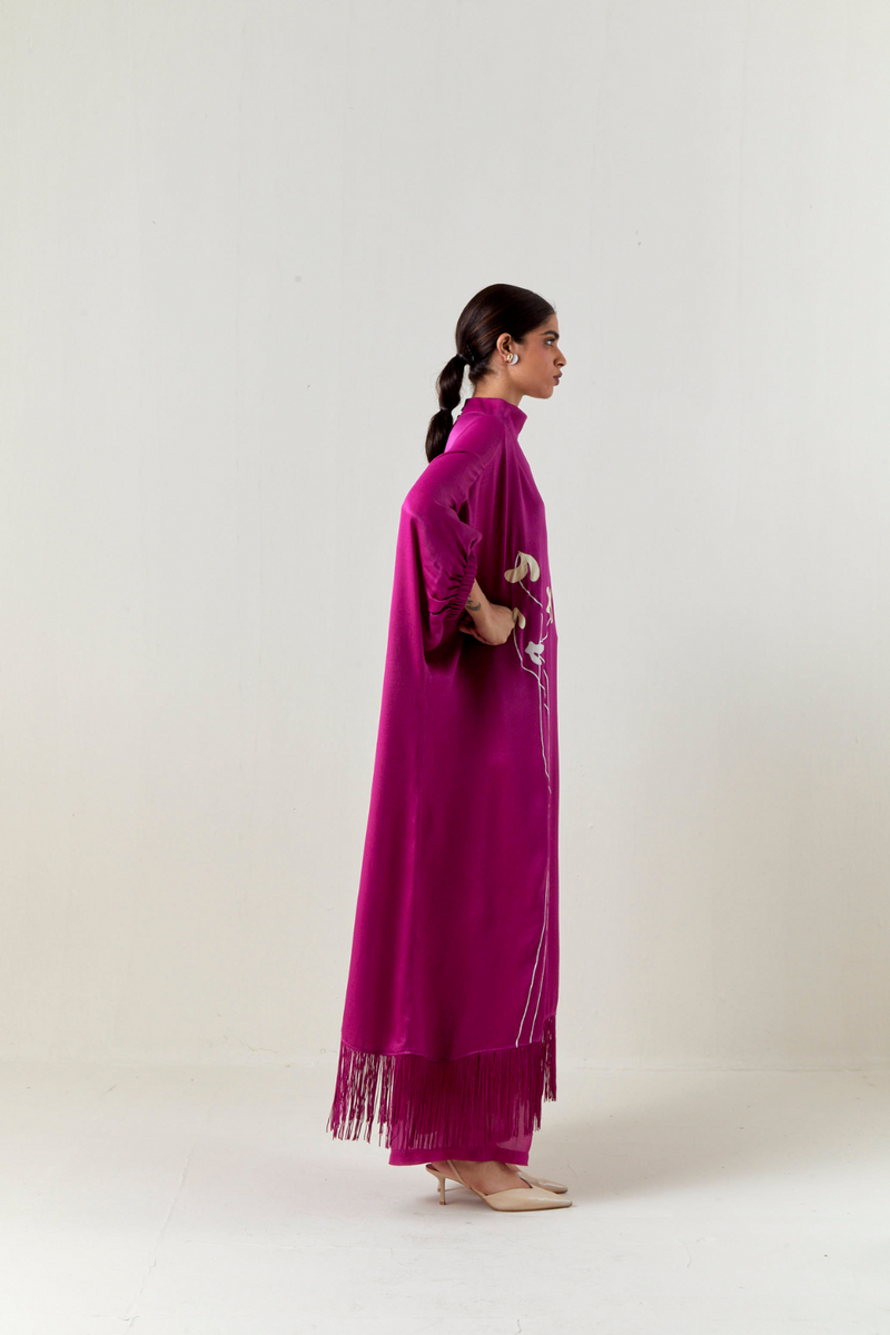 FLORAL FRINGE KAFTAN CO-ORD-FUCHSIA satin by THREE for women in Singapore
