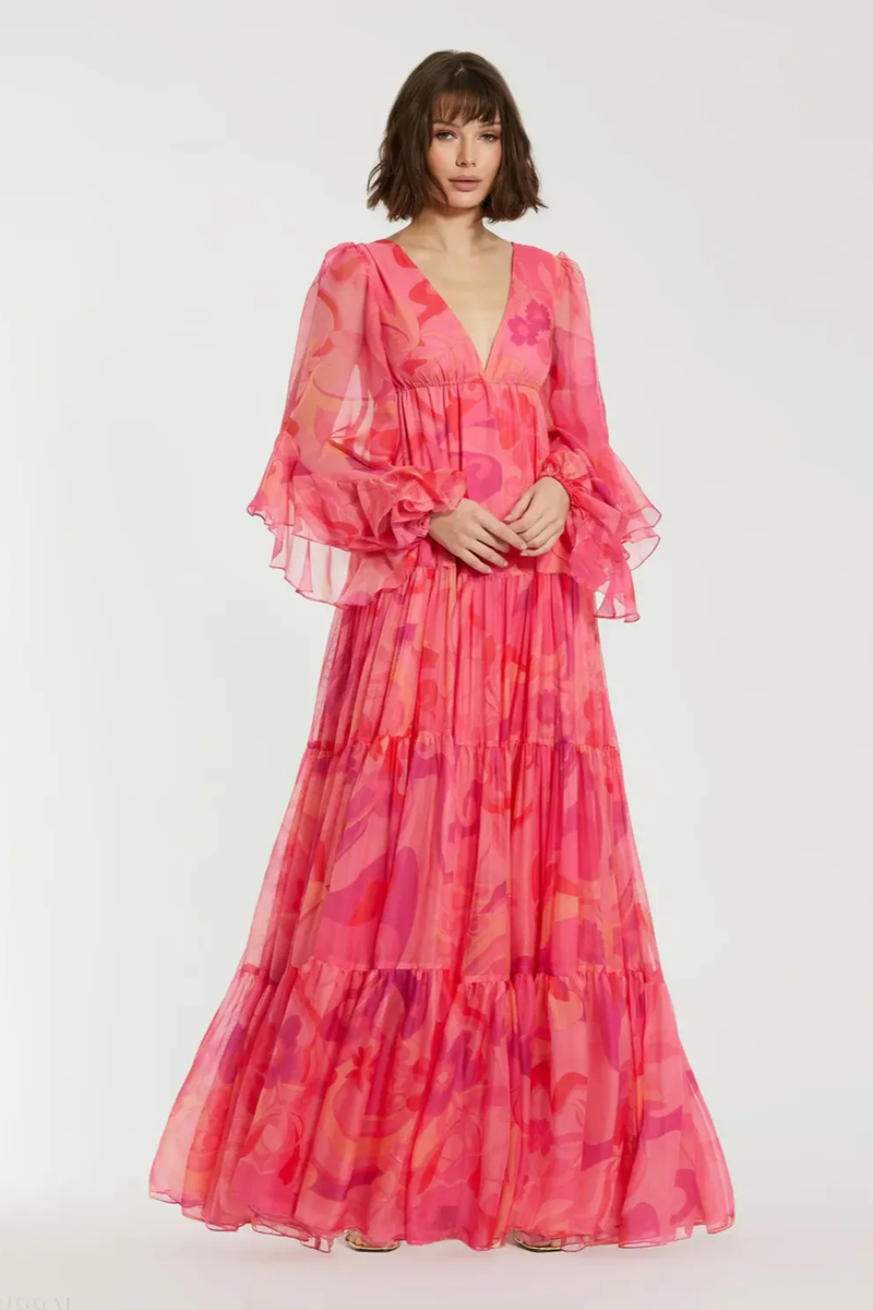Pink Hibiscus Printed Chiffon Ruffle Long Sleeve V Neck Maxi Dress chiffon by Mac Duggal in multi color for women in Singapore