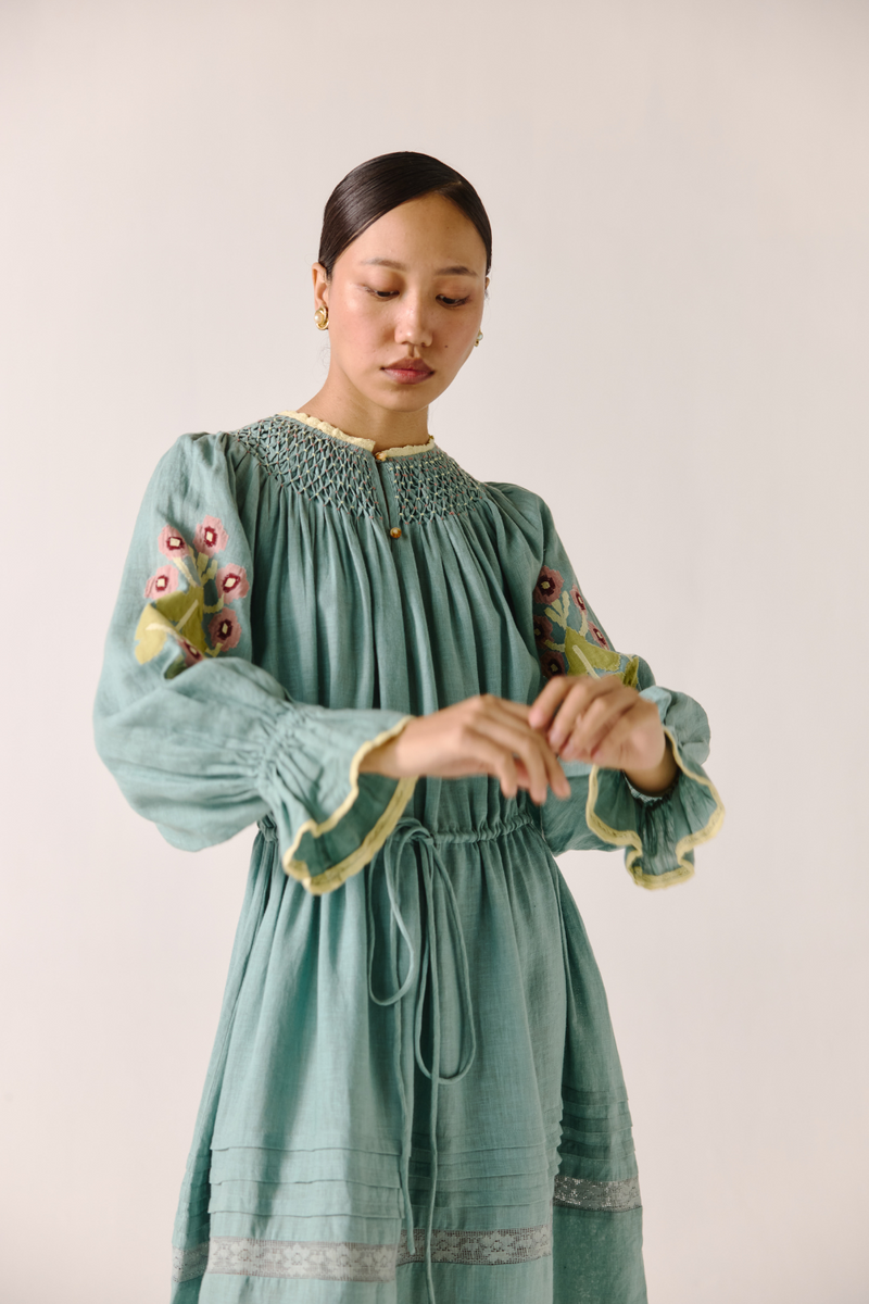 Edith Dress - Pale Blue Pixel Applique linen by CORD in blue for women in Singapore