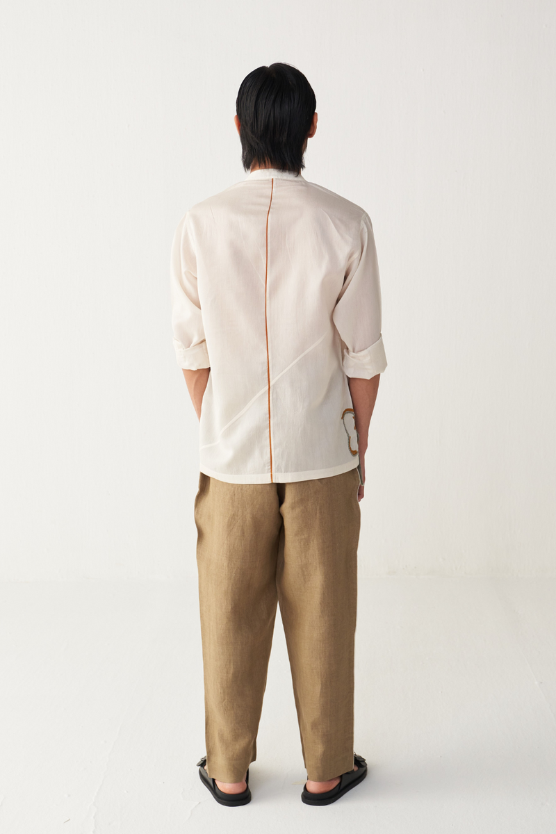 FLORAL ROPE EMB. SHIRT chanderi by THREE Men in ivory color for men in Singapore