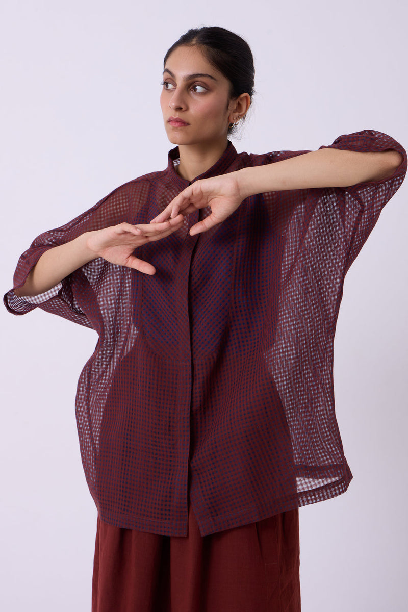 Zuri Blue Checkered HandwovenTop handwoven silk cotton top/shirt by The Summer House in blue for women in Singapore